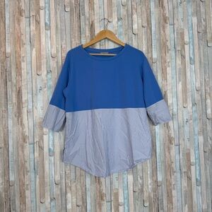 Cos L Mixed Media Pullover Top Shirt 3/4 Sleeve Blue Knit & Striped Poplin